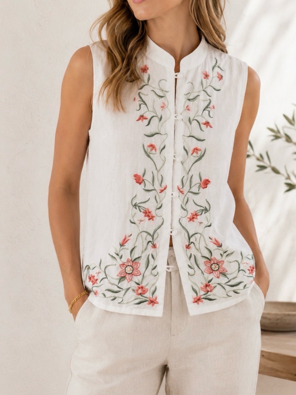 Y2K VTG Jordan Linen White Floral Embroidered lined button cottagecore tank L